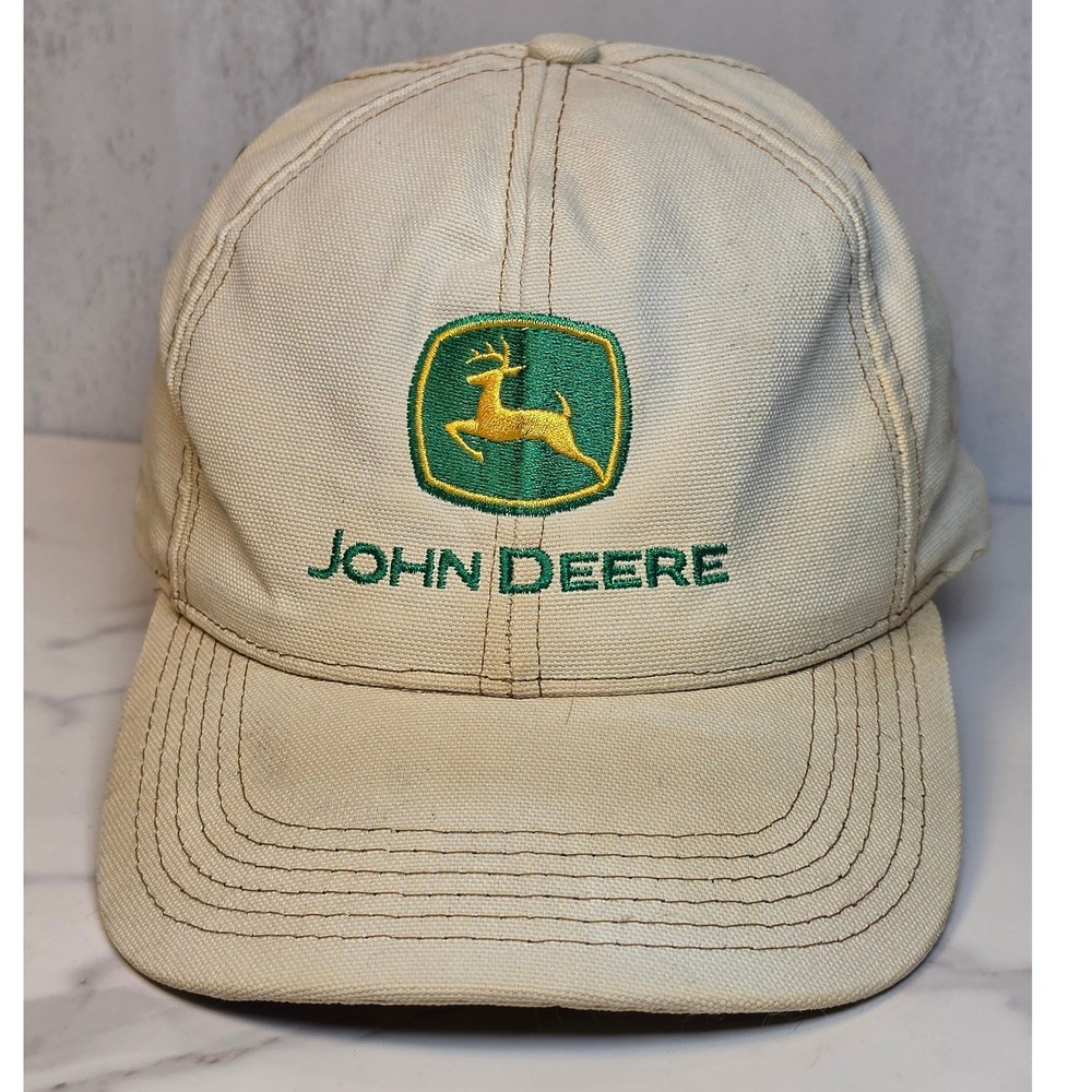 Vintage John Deere Snapback Hat Tan Canvas Made in USA Mens Adjustable Cap Logo